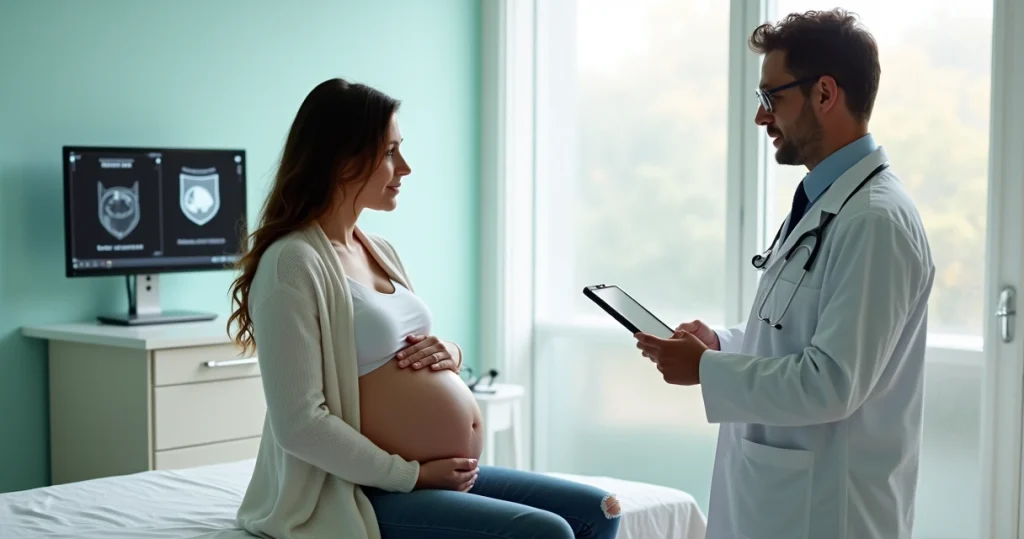 Gestante sentada em maca médica ouvindo orientação de infectologista com ultrassom visível ao fundo
