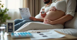 Gestante segura frasco de PrEP sentada na cama ao lado do parceiro em clima acolhedor.