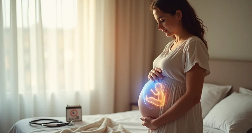 Gestante de lado formando silhueta de bebê envolto em aura protetora