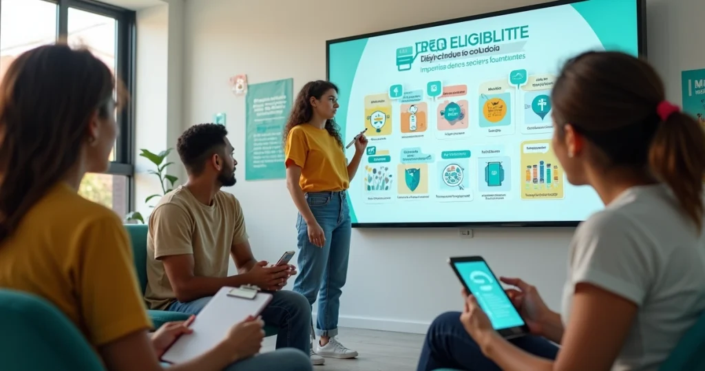 Jovens diversos observam painel colorido com critérios de uso da PrEP