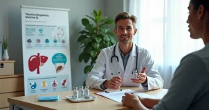 Profissional de saúde segurando frascos de vacina para hepatite B e material educativo em consultório