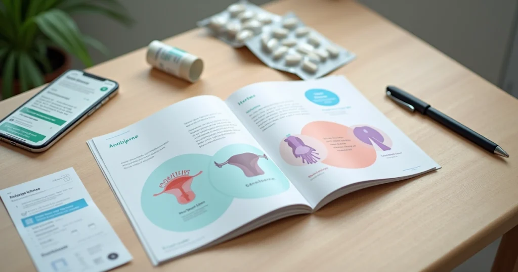 Mesa com materiais educativos discretos sobre herpes e prevenção sexual