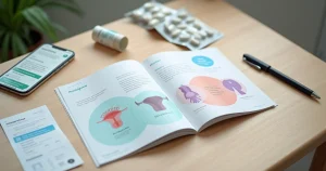 Mesa com materiais educativos discretos sobre herpes e prevenção sexual