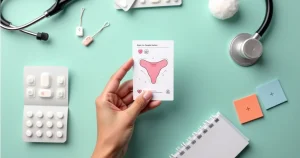 Mão segura cartão ilustrado sobre herpes genital ao lado de materiais educativos coloridos