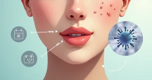 Ilustração de rosto com foco discreto em herpes oral nos lábios