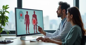 Médico explicando herpes simples para paciente usando ilustração anatômica digital