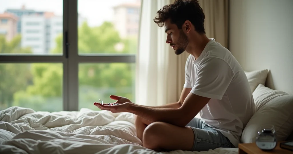 Homem jovem em quarto iluminado segurando comprimido de tratamento enquanto olha janela com expressão de esperança