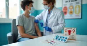 Pessoa recebe vacina de HPV em clínica moderna enquanto comprimidos de PrEP aparecem ao fundo na mesa