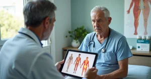 Médica orientando idoso sobre cuidados com herpes zoster