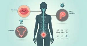 Ilustração de corpo humano destacando herpes oral e genital