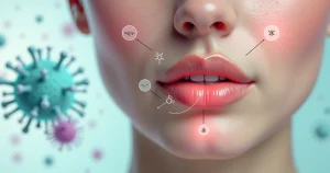 Boca com ilustração discreta de herpes labial destacada em transparência médica