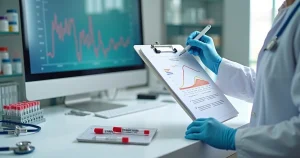 Profissional de saúde aponta linha do tempo da janela imunológica do HIV em prancheta de laboratório