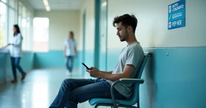 Jovem sentado em poltrona de pronto atendimento segurando celular na mão com expressão preocupada