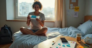 Pessoa jovem organiza comprimidos de PrEP ao lado de calendário com lembretes coloridos