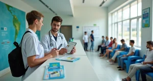 Pessoa jovem em balcão de unidade de saúde no Brasil perguntando sobre PrEP ao profissional de saúde