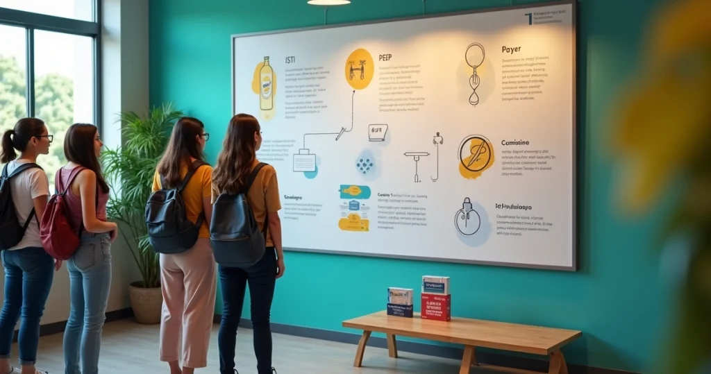 Grupo de jovens brasileiros observando mural sobre prevenção de ISTs e HIV em posto de saúde