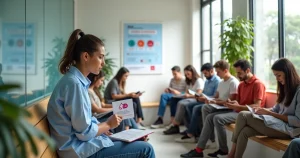 Jovens aguardando teste de IST em recepção de clínica moderna