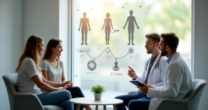 Grupo de jovens conversando com médica sobre IST em consultório moderno