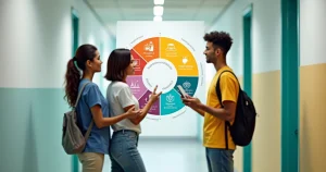 Jovens diversos observando mandala colorida de prevenção combinada em parede de clínica