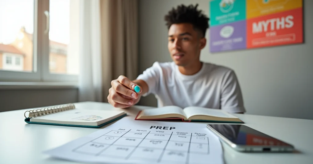 Jovem segurando comprimido de PrEP diante de painel com informações coloridas sobre HIV