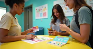 Grupo de jovens diversos analisando cartão de vacinação contra HPV sobre fundo colorido