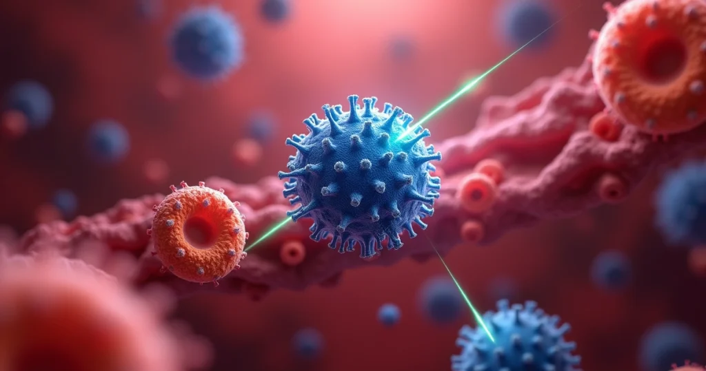 Visualização microscópica de linfócitos T CD4 em uma corrente sanguínea