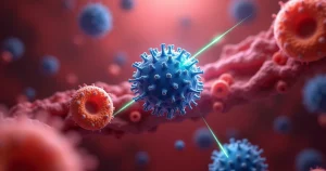 Visualização microscópica de linfócitos T CD4 em uma corrente sanguínea