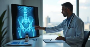 Médico analisa raio X de ossos com frasco de medicamento ao lado em consultório moderno