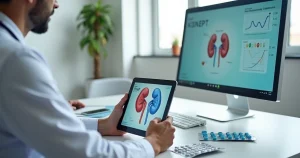 Médico mostra ilustração de rins em tablet para paciente ao discutir uso de PrEP