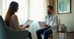 Paciente e médico falando com calma sobre resultado de exame em consultório tranquilo