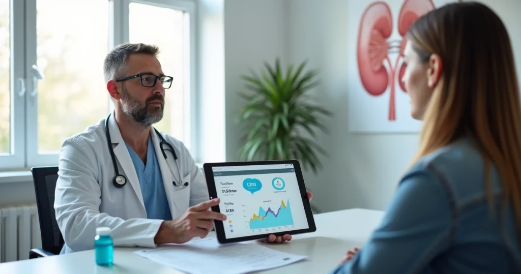 Médico mostra em tablet gráfico de função renal para paciente jovem sentado em consultório