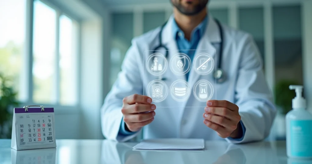 Médico infectologista mostra cartão com ícones de prevenção a doenças infecciosas