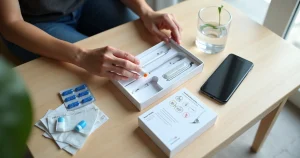 Mãos abrindo kit de autoteste de HIV em mesa organizada com comprimidos de PrEP e folheto informativo