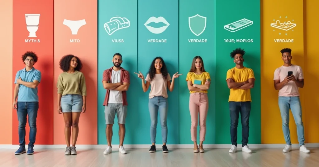 Jovens brasileiros olhando quadros com mitos e verdades sobre ISTs em fundo colorido