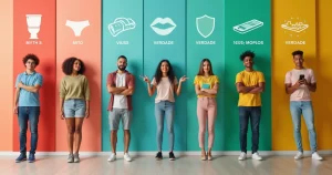 Jovens brasileiros olhando quadros com mitos e verdades sobre ISTs em fundo colorido