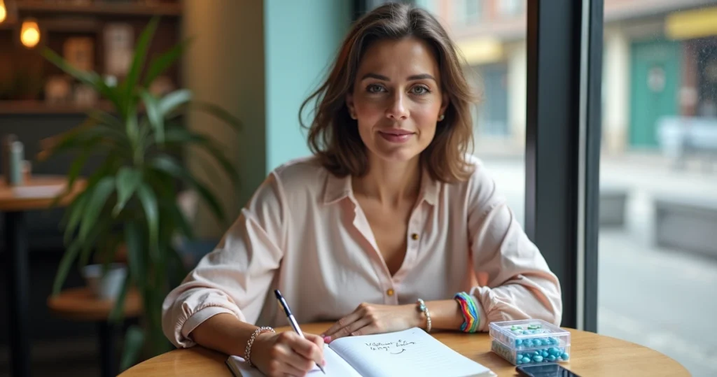 Mulher trans anota dúvidas sobre PrEP em caderno colorido