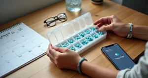 Pessoa organiza comprimidos de PrEP em caixa semanal ao lado de calendário e celular