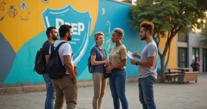 Grupo diverso de pessoas em frente a mural colorido sobre PrEP e prevenção
