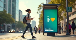 Pessoa caminhando confiante em avenida colorida com símbolo I=I destacado ao fundo