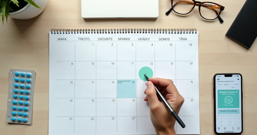 Pessoa marca em calendário o fim do uso contínuo da PrEP com comprimidos ao lado