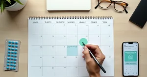 Pessoa marca em calendário o fim do uso contínuo da PrEP com comprimidos ao lado