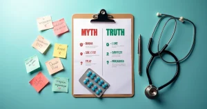 Prancheta com infográficos sobre PrEP entre mito e verdade em fundo azul