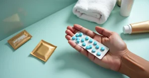 Mão segurando cartela de PrEP ao lado de camisinha sobre fundo colorido