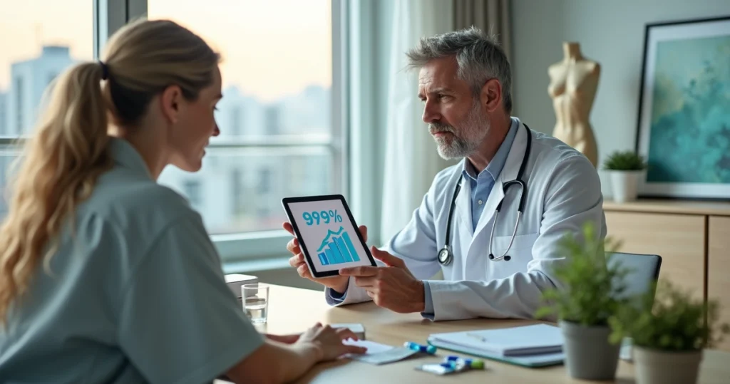 Infectologista mostra gráfico de eficácia da PrEP em tablet para paciente em consultório moderno