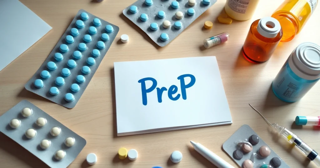 Vários tipos de medicamentos organizados sobre mesa de madeira clara ao lado de bloco com sigla PrEP