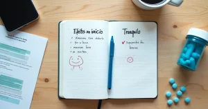 Pílulas de PrEP organizadas ao lado de bloco de anotações com sintomas e tranquilidade escrita em destaque