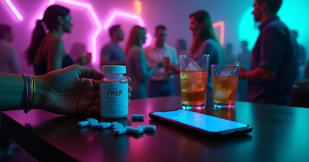 Cartela de PrEP ao lado de bebida em festa iluminada com foco na responsabilidade
