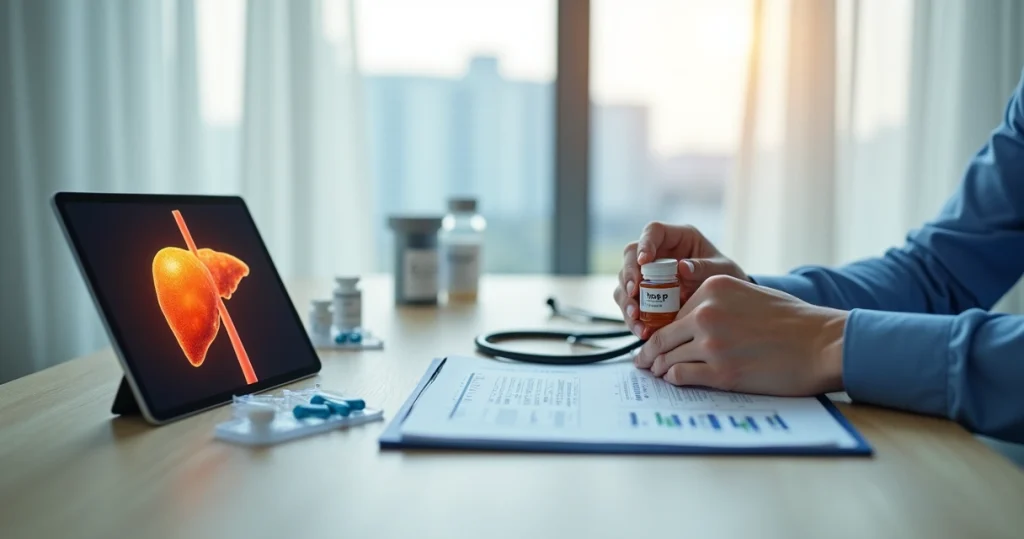 Mão ajustando frasco de PrEP ao lado de ilustração de fígado e gráficos médicos em mesa de consultório