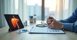 Mão ajustando frasco de PrEP ao lado de ilustração de fígado e gráficos médicos em mesa de consultório