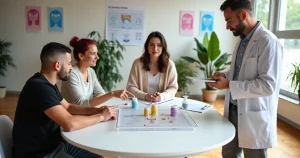 Pessoas diversas analisam PrEP e hormônios em ambiente moderno de saúde sexual